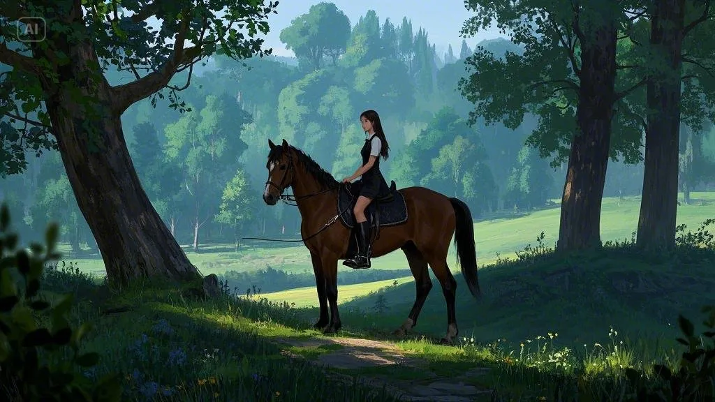 A woman in black equestrian attire riding a dark brown horse along a sunlit forest trail, surrounded by lush greenery and distant open meadows.