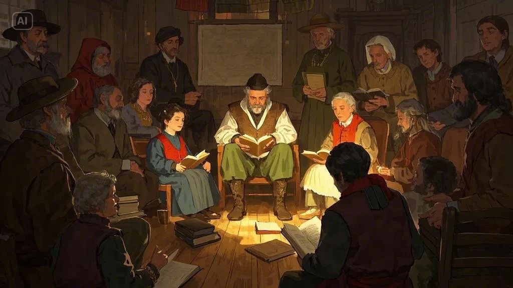 An elderly man in historical attire leads a group reading session in a cozy wooden room, surrounded by attentive listeners holding books under soft warm lighting, evoking a sense of communal learning and intellectual exchange.