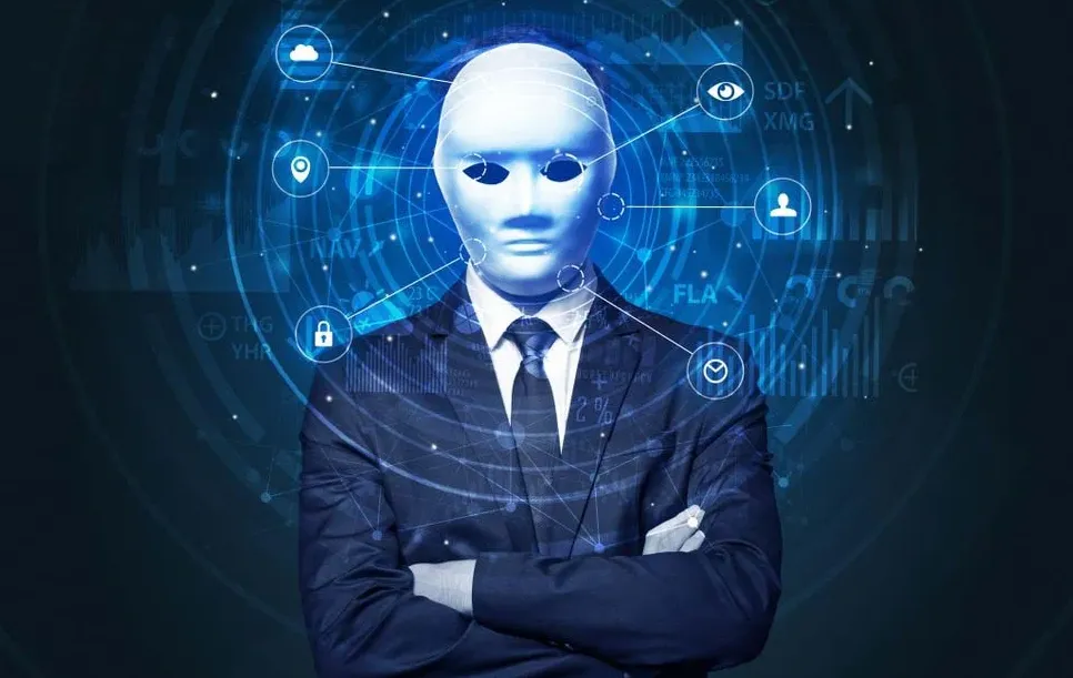 Masked businessman surrounded by glowing data security and network technology icons.