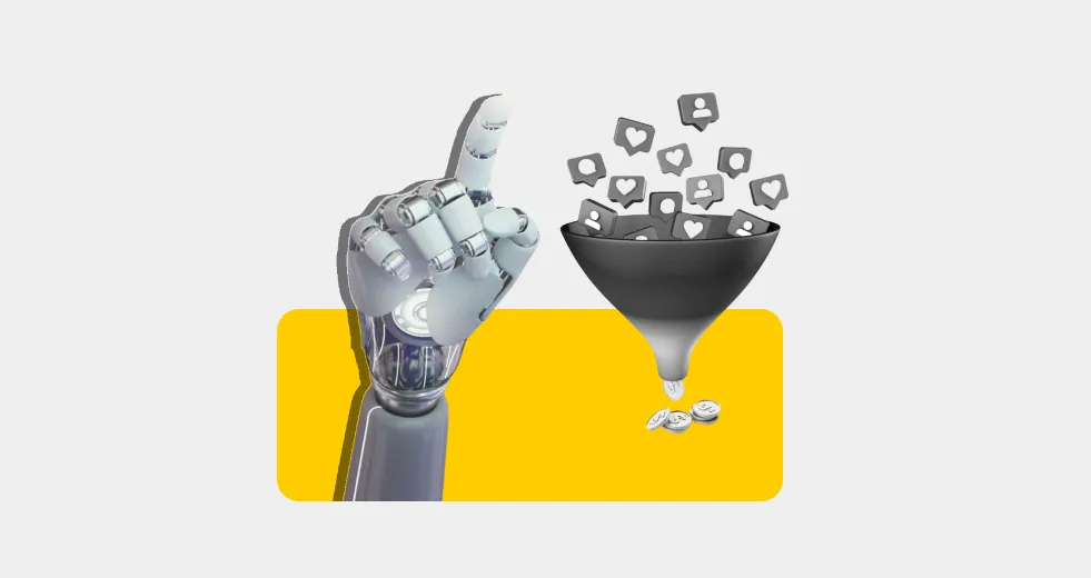 Robotic arm pointing at social media icons entering data filtering funnel.