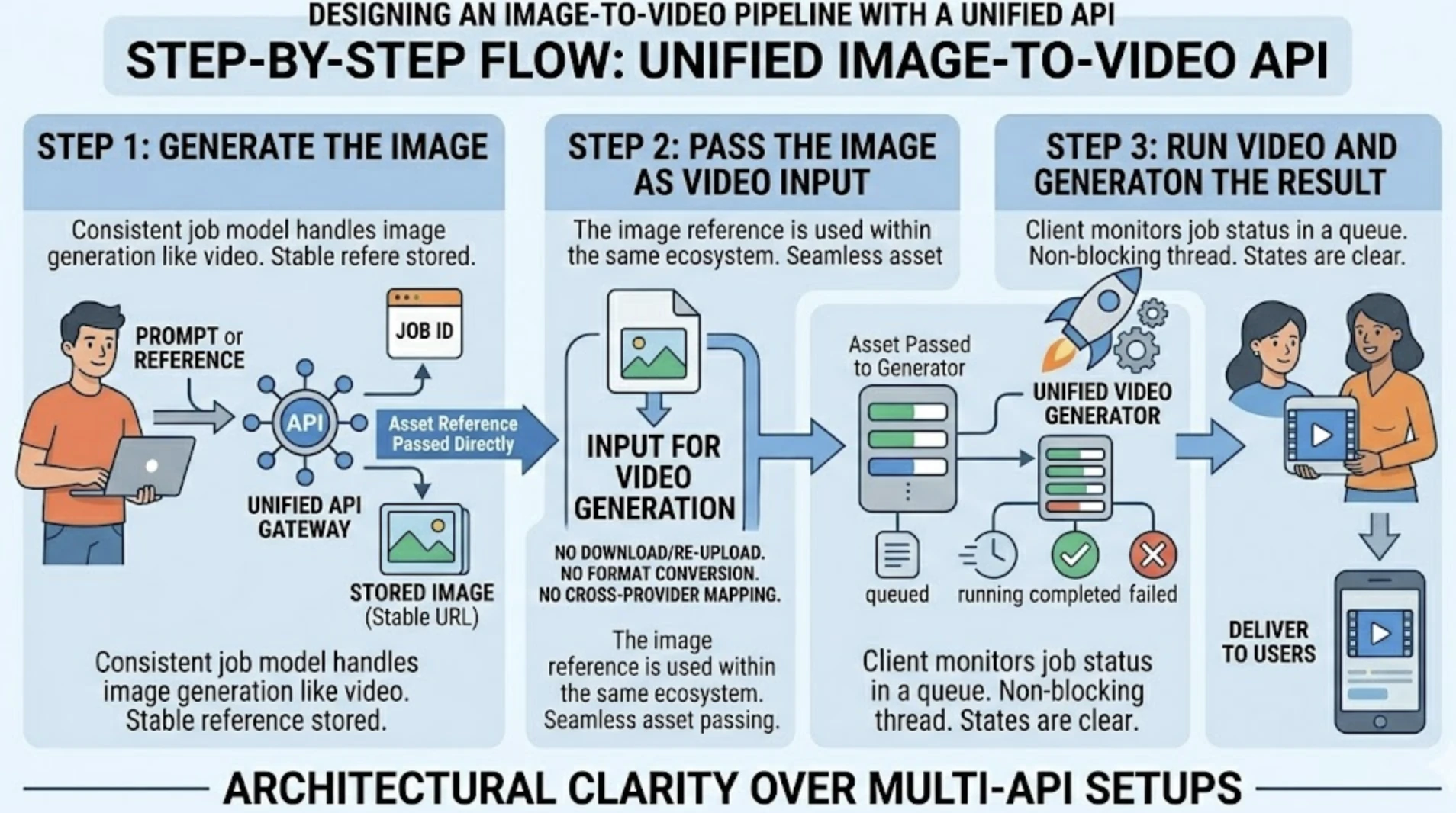 Step-by-step flowchart of a unified image-to-video API pipeline for seamless generation.