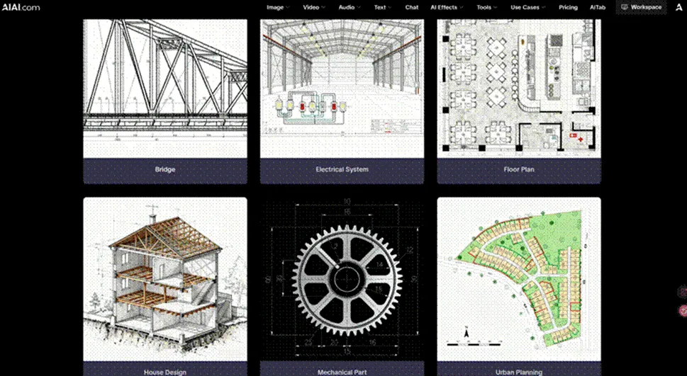 AI CAD use cases: bridge, electrical, floor plan, house, gear