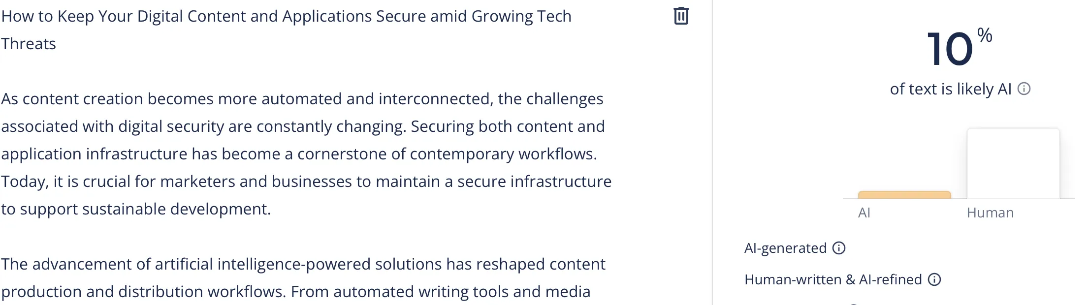 Document on digital content security with chart showing AI-generated vs human-written content.