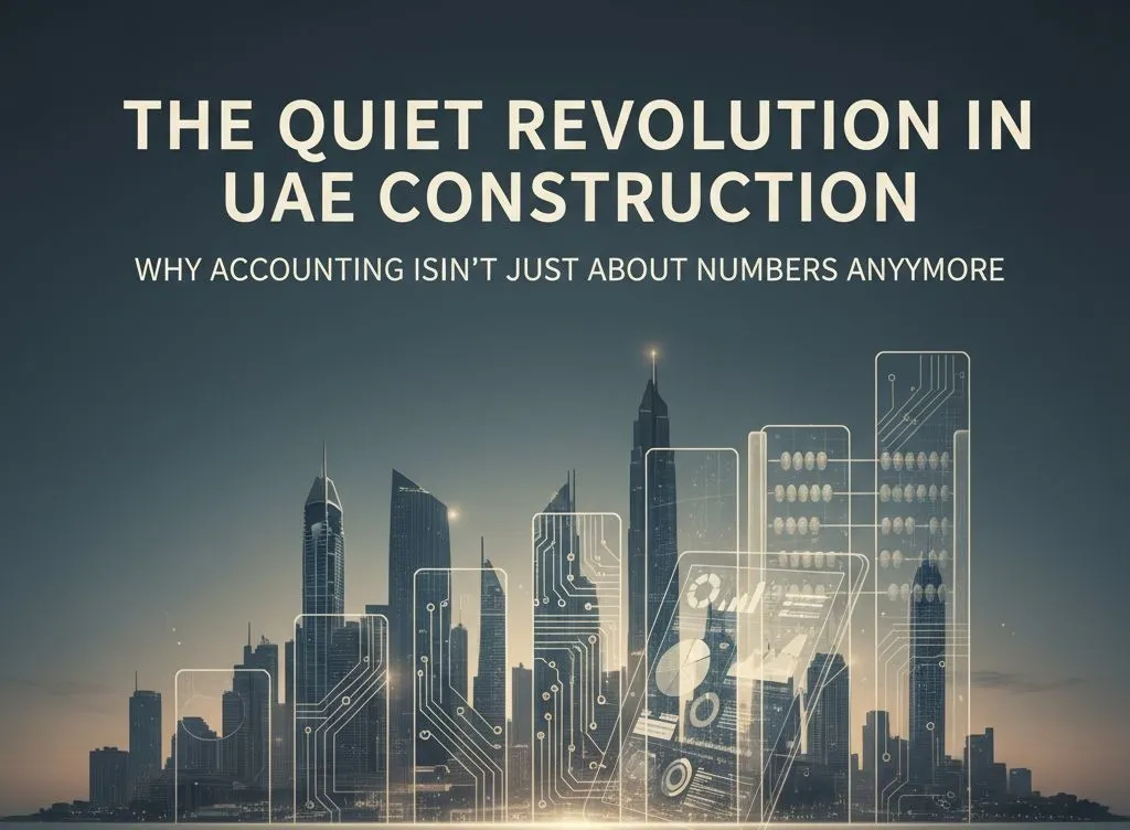 UAE construction industry accounting digital transformation with circuit board skyline.