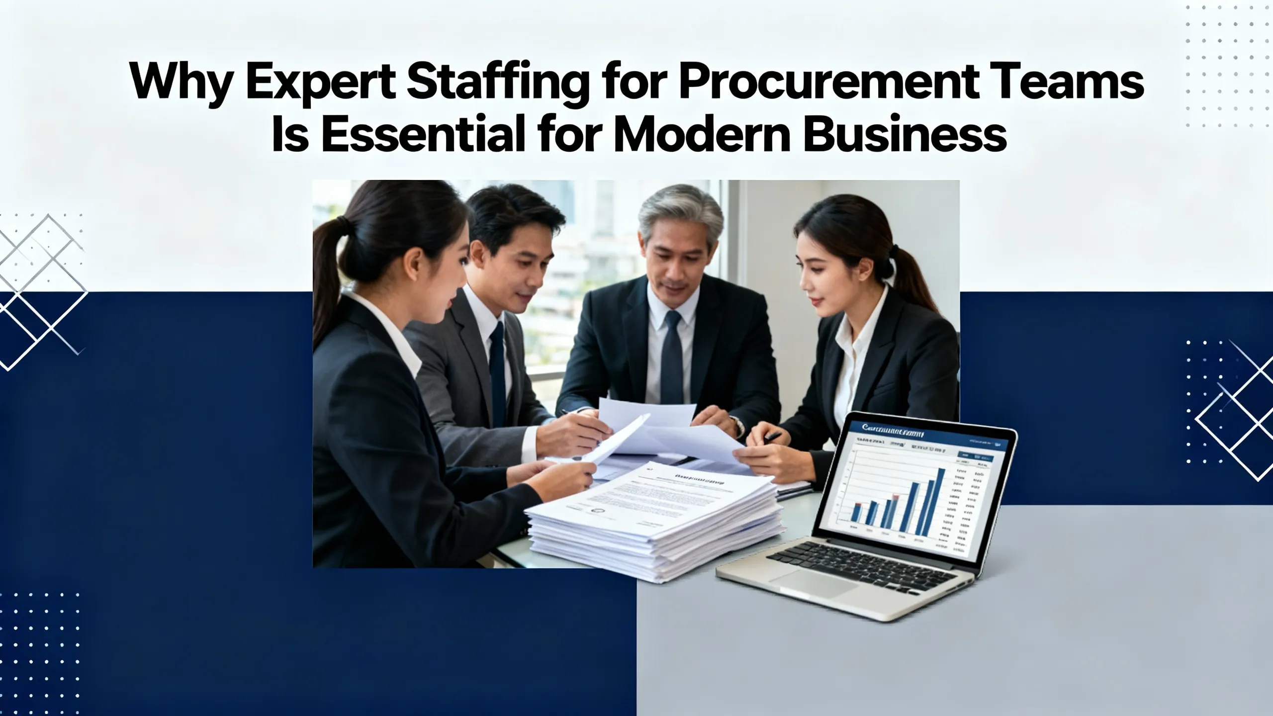 Professional procurement team analyzing data on laptop during business strategy meeting.