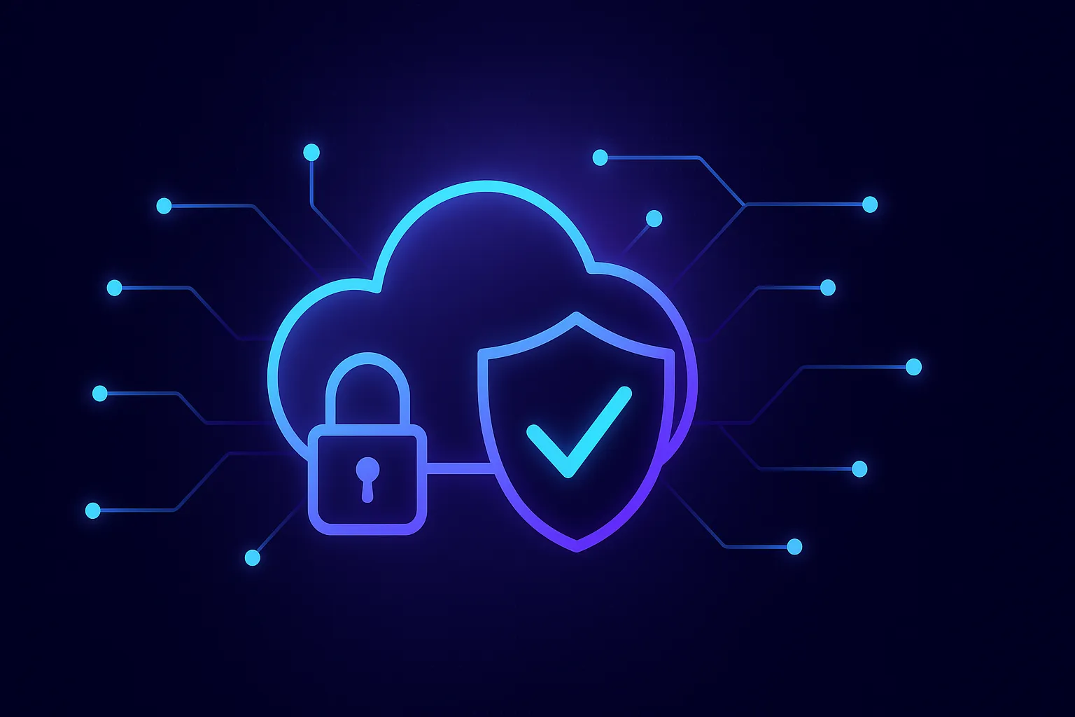 Blue cloud security shield with lock icon protecting data and services.