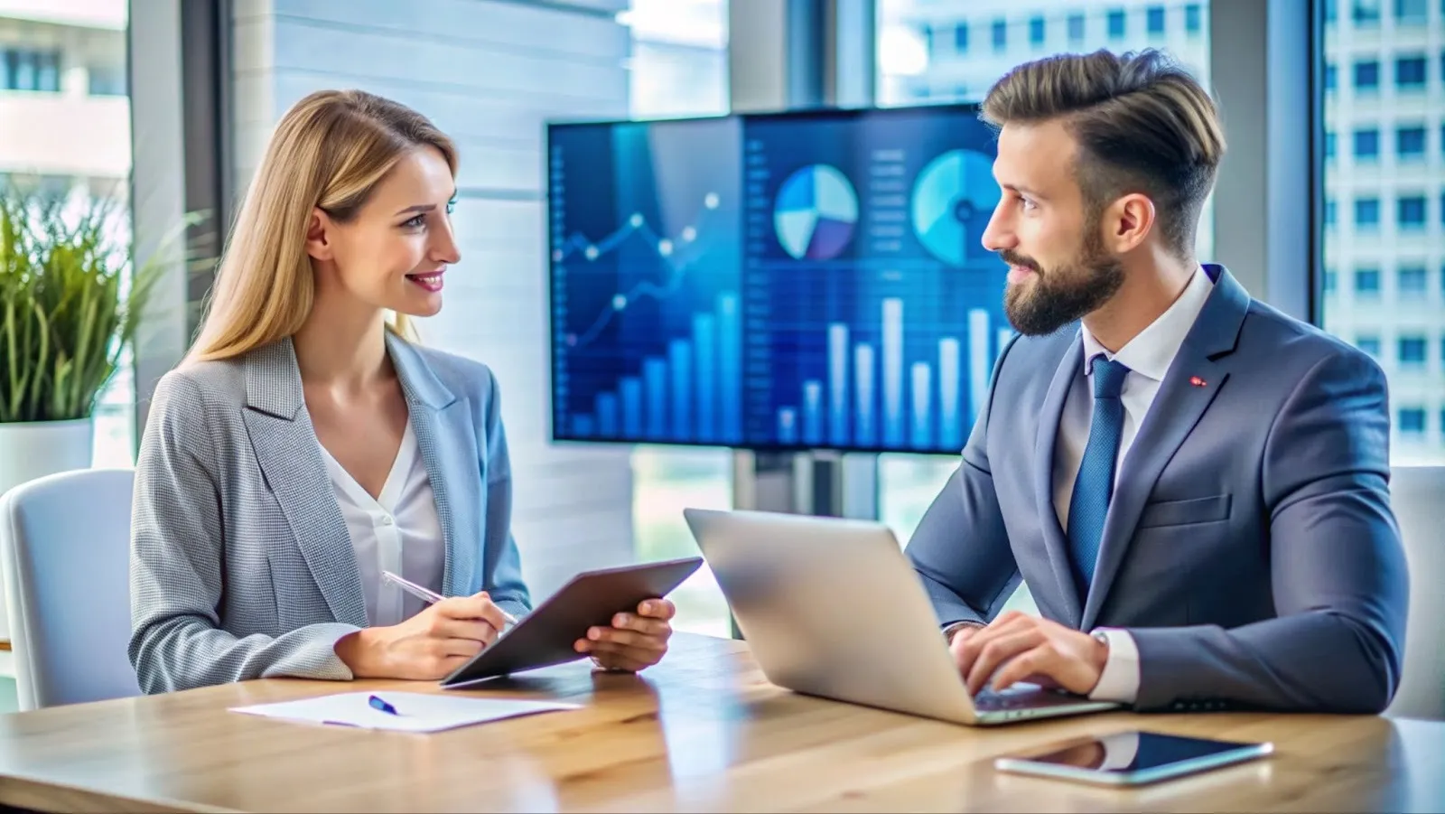 Business professionals analyzing data charts on laptop and monitor in modern office.