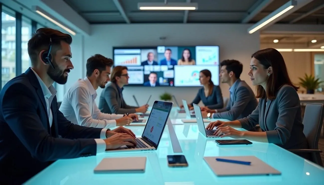 Professional team in modern office conducting video conference with remote colleagues.