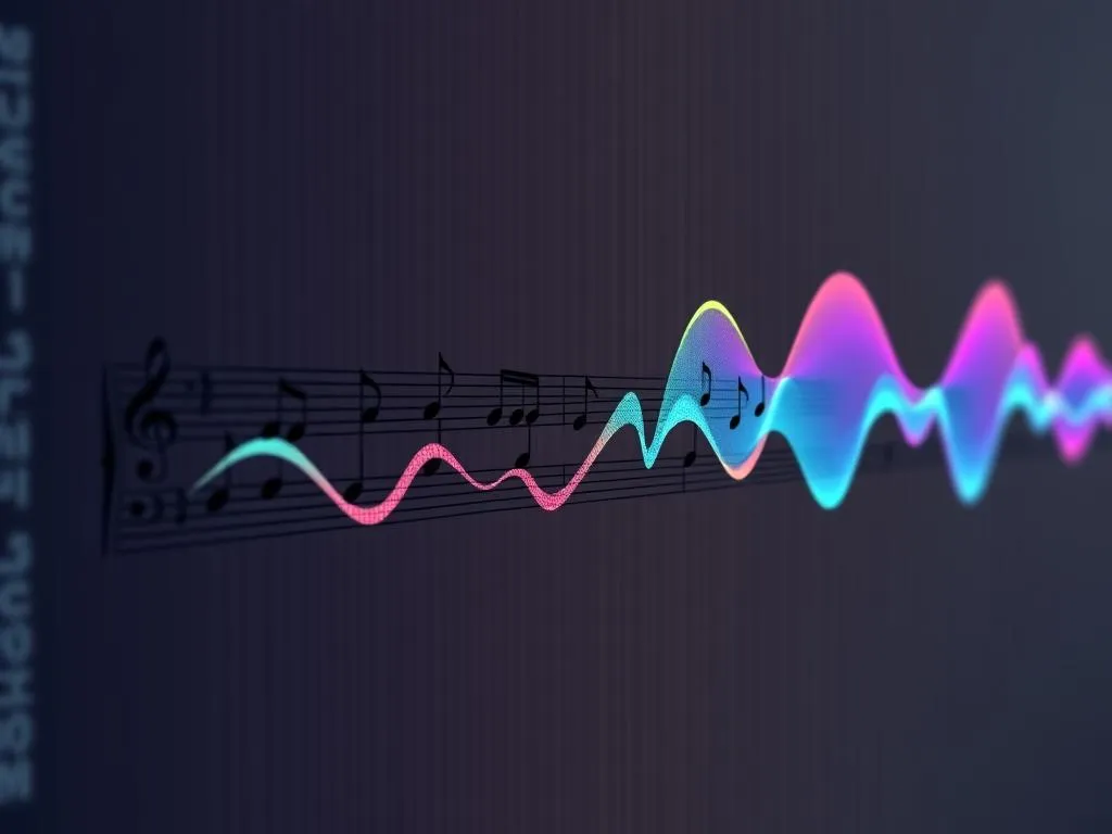 Colorful audio soundwave flowing across musical staff with notes.