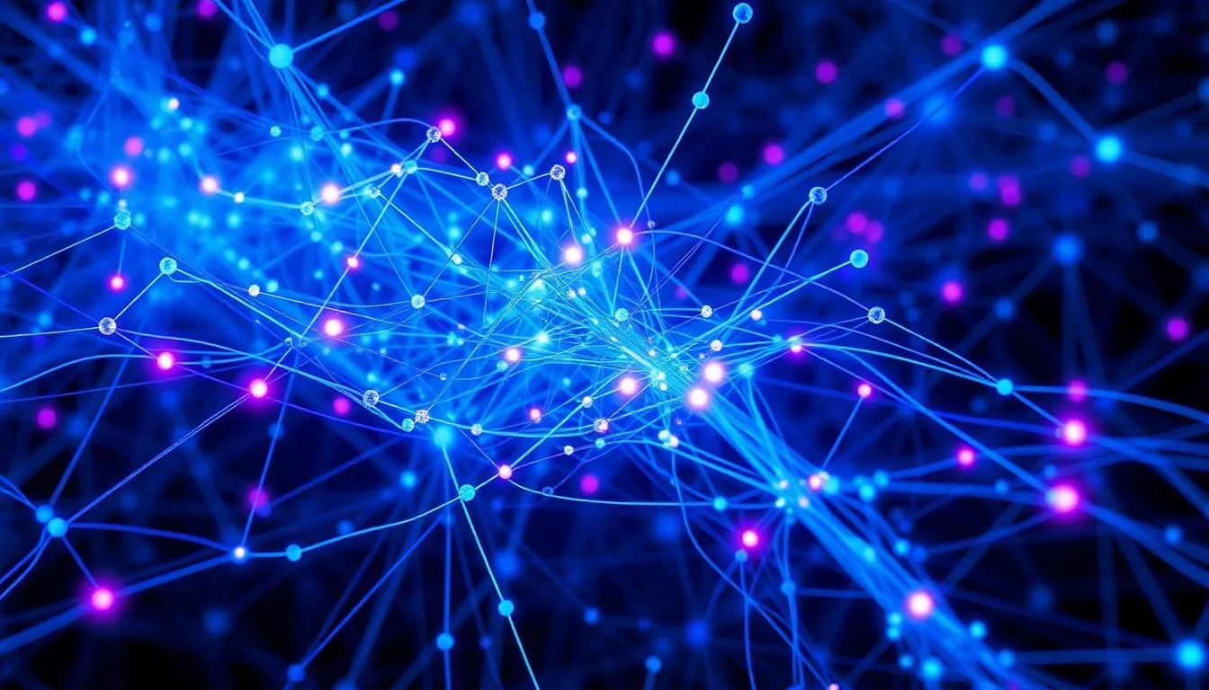Complex neural network with glowing nodes and connections on dark background.