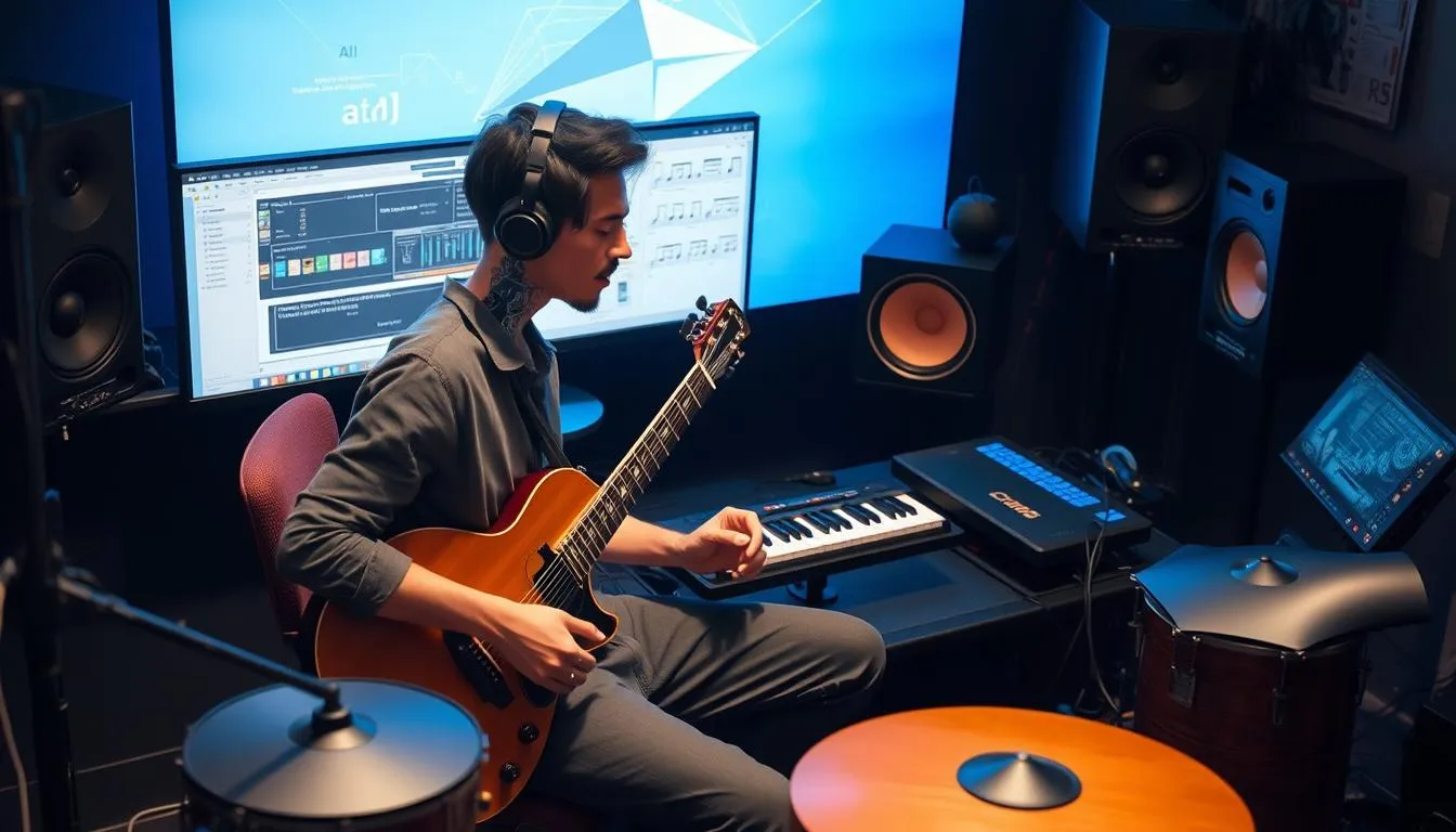 Musician playing electric guitar in professional music production studio setup.