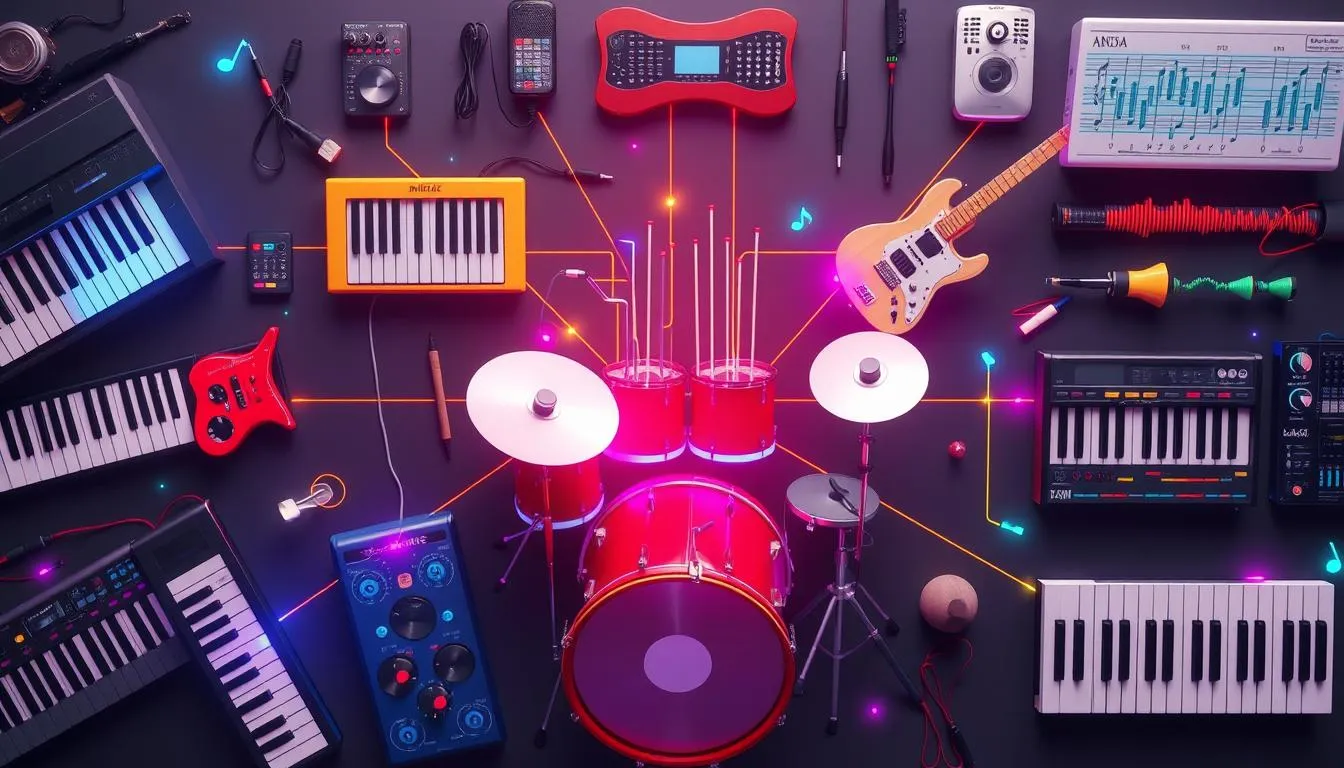 Top view of modern music studio equipment with digital connection lines.