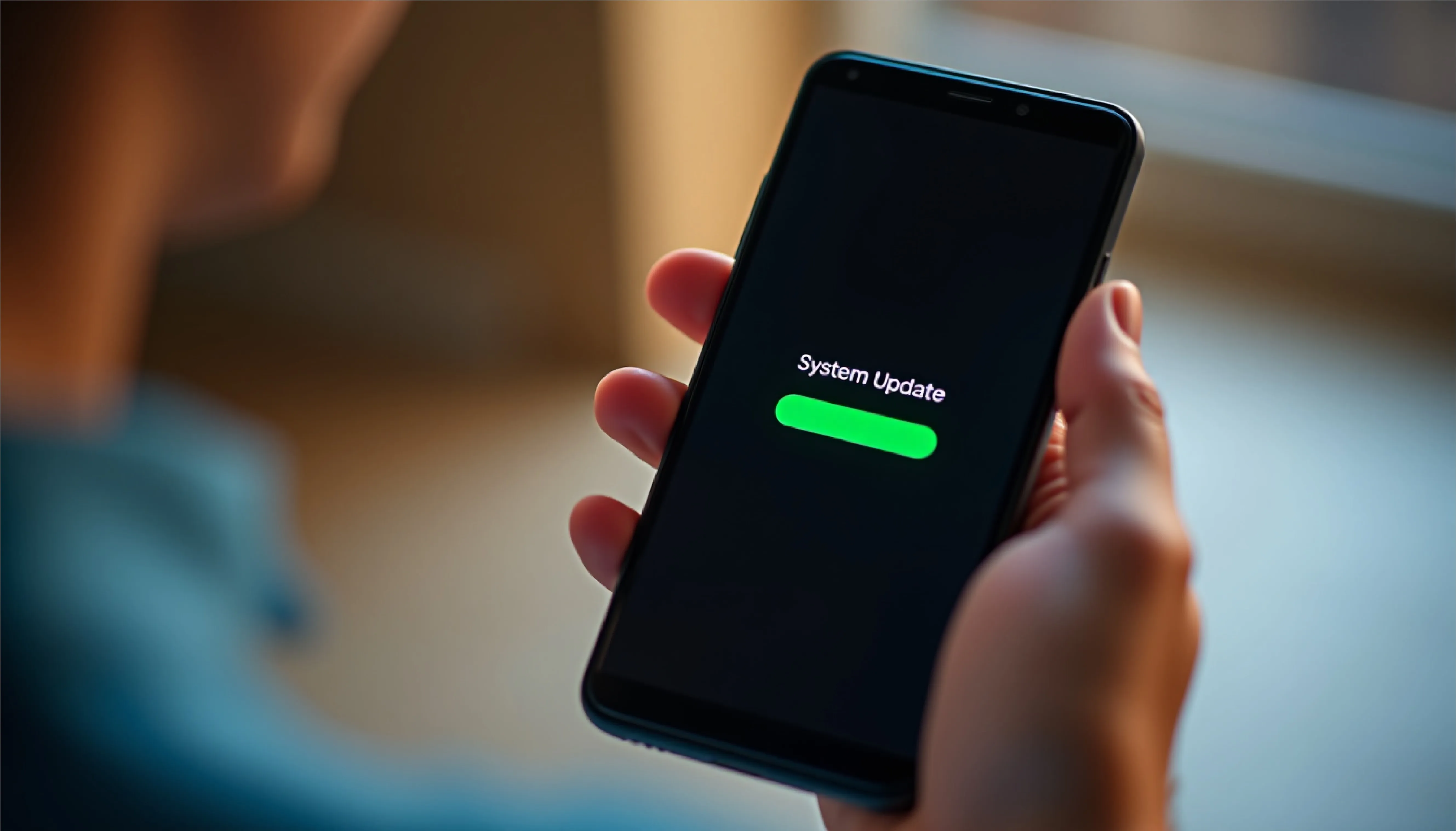 Smartphone displaying system update with green progress bar on black screen.