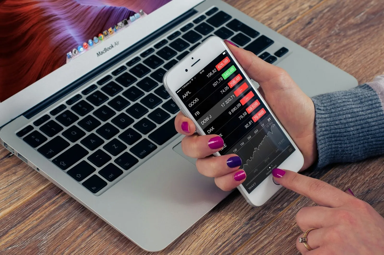 Hand holding smartphone displaying real-time stock trading app and financial charts.