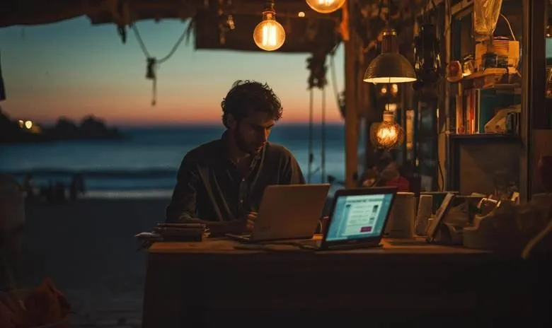 Man working remotely on beach with laptop, umbrella, and coffee.
