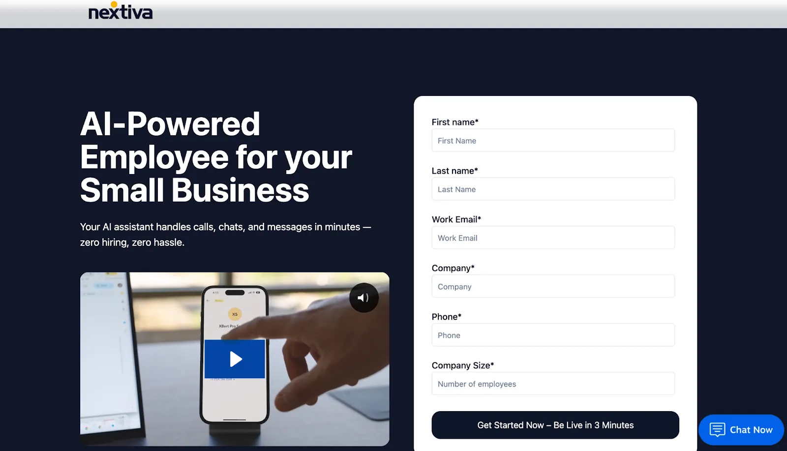 Nextiva AI-Powered Employee for small business: Get started form with demo video.