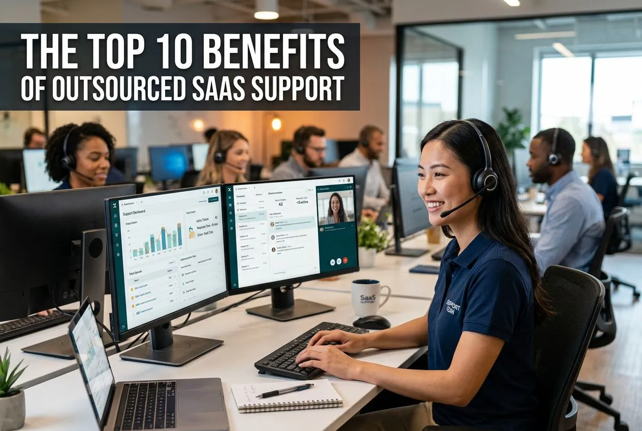 Outsourced SaaS support team working in modern office.