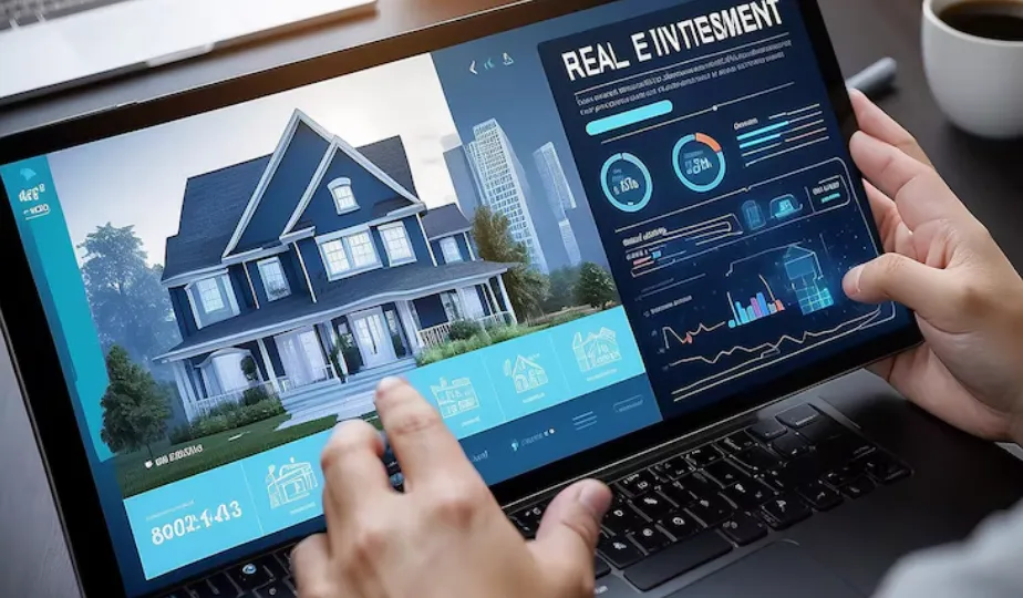 Person analyzes real estate investment data on laptop dashboard