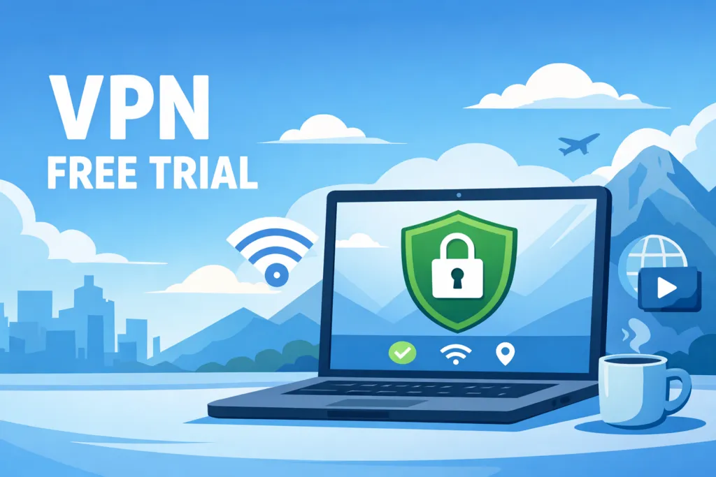 VPN free trial illustration with laptop security shield