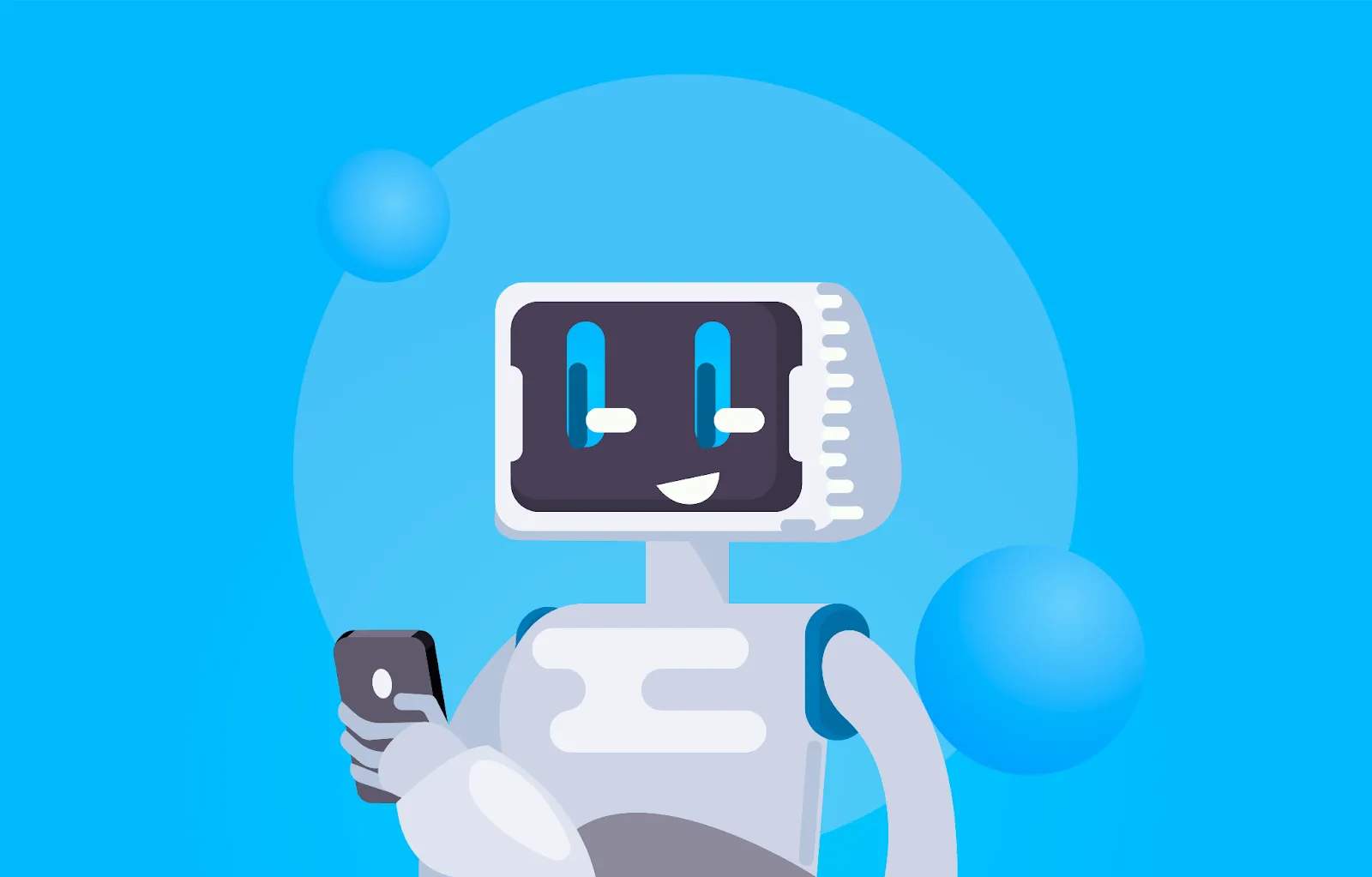 Robot holding smartphone blue background illustration