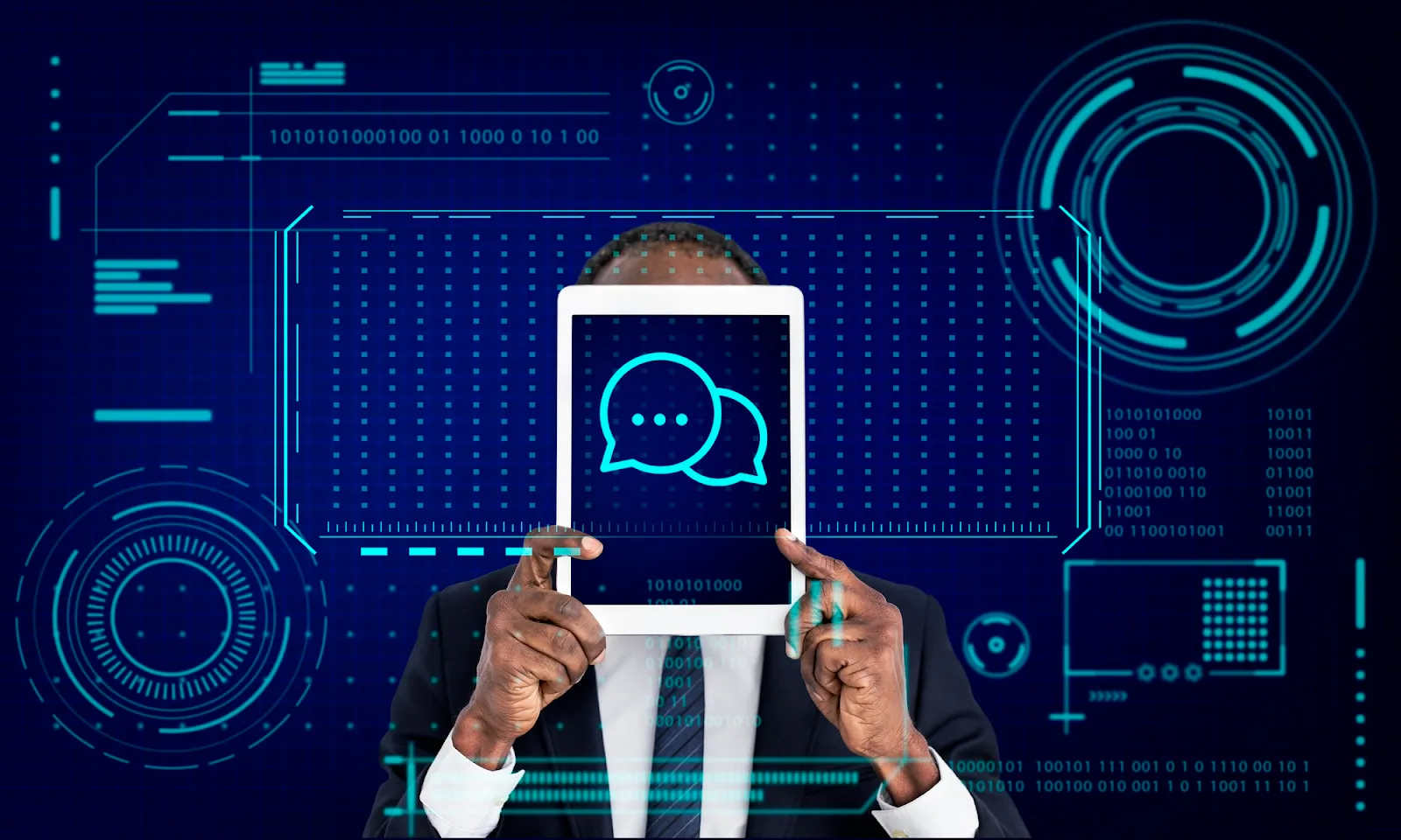 Tablet with chat icon digital tech background