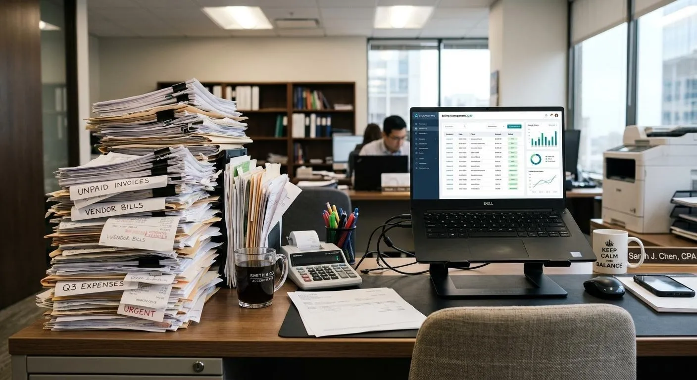 Accounting office desk with unpaid bills, invoices, and data analysis dashboard on laptop.