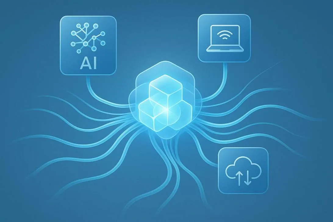 Transparent glowing cubes and neural lines connecting AI, cloud, and network icons.