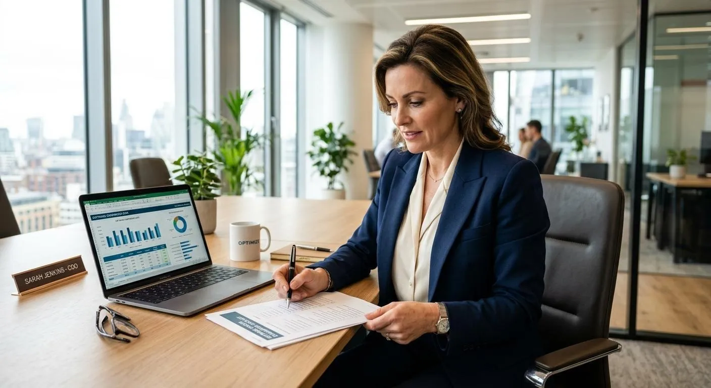 Businesswoman, Sarah Jenkins COO, working with laptop data analysis in modern office.