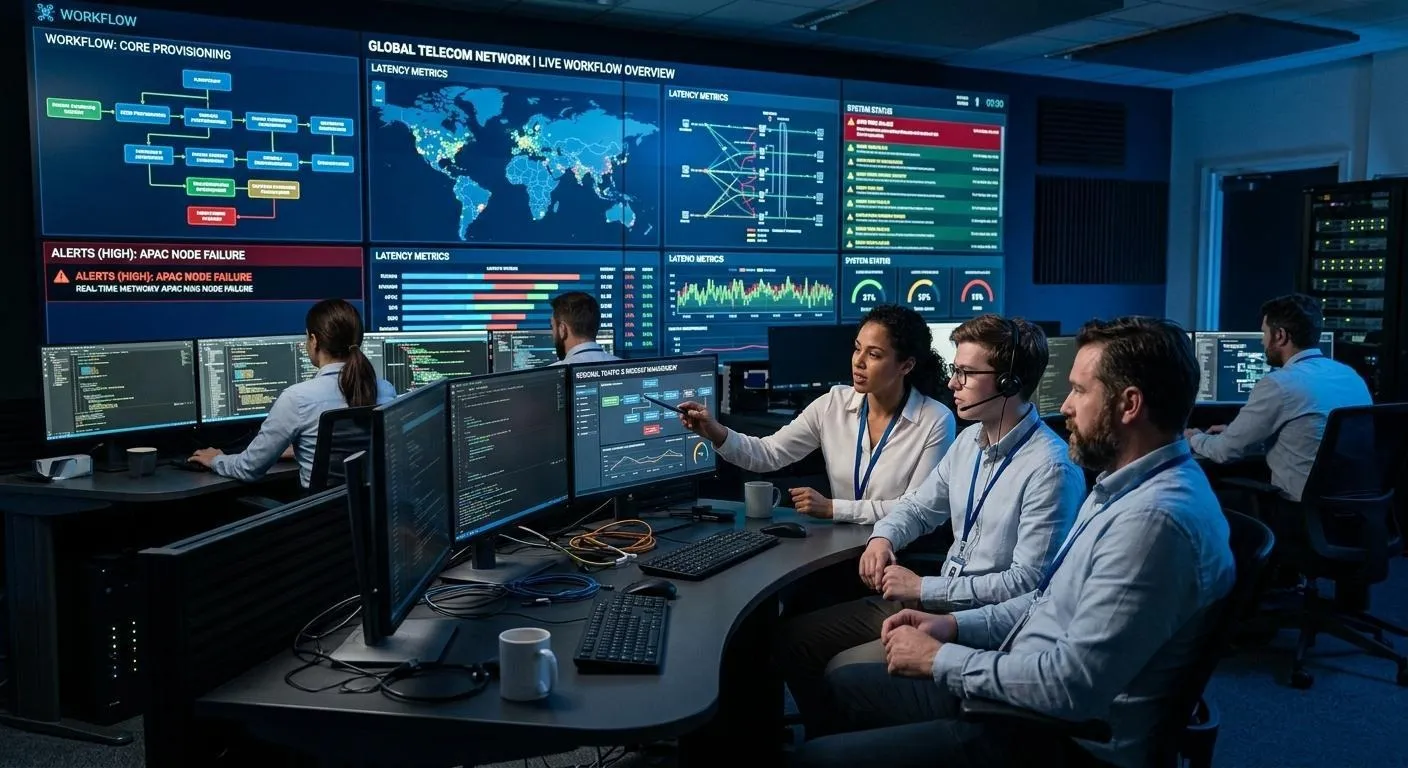 Telecom network operations center team monitoring live workflows, latency metrics, and APAC alerts.