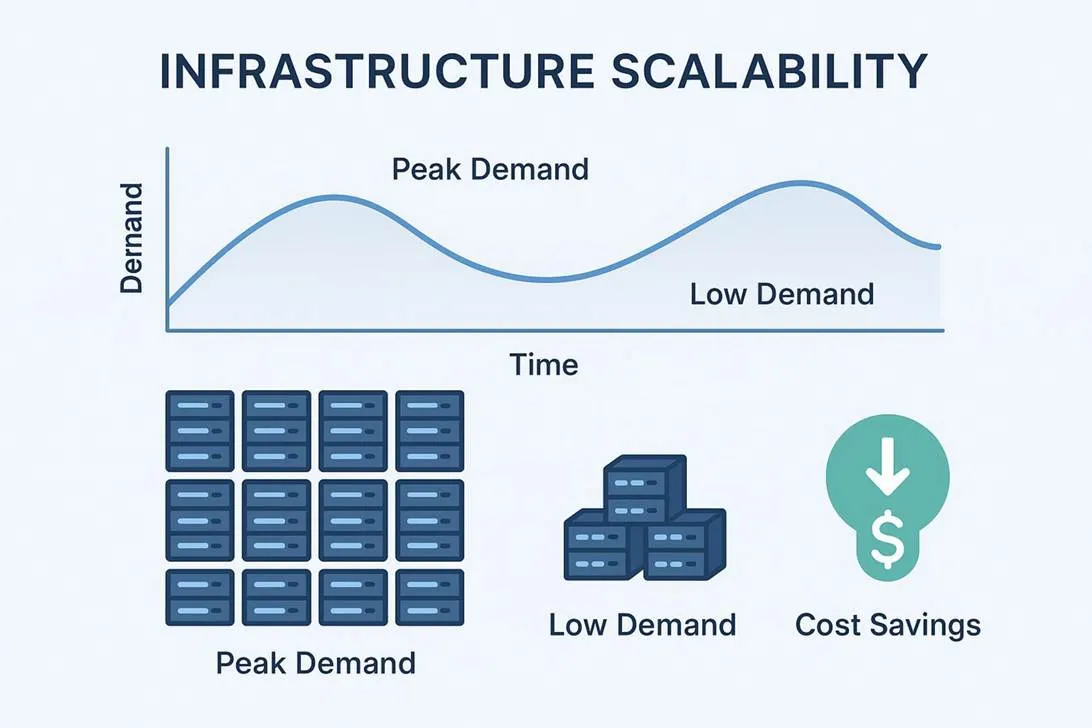Infrastructure scalability graph showing demand fluctuation, server count, and cost savings.