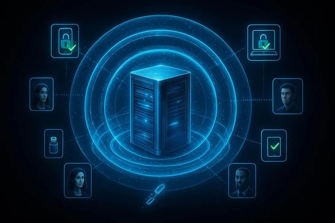 Secure server with blue halos, protecting connected devices like laptops and locks.
