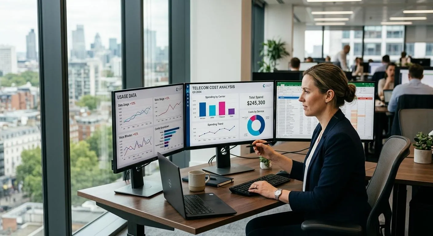 Businesswoman analyzing telecom costs, usage data, and spending trends on three monitors.
