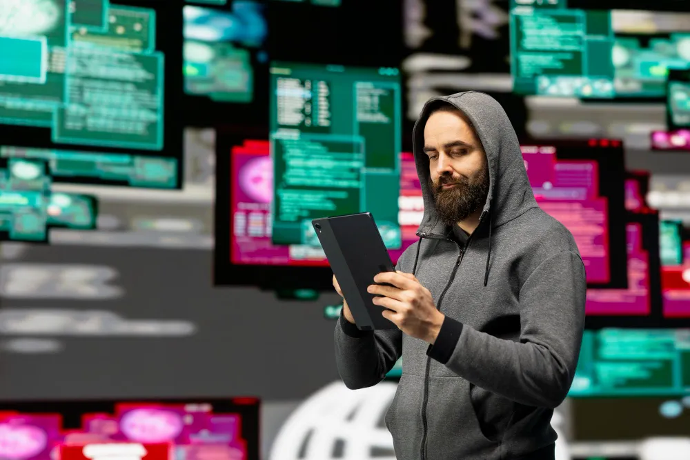 Hacker in hoodie using tablet with multi - screen code background