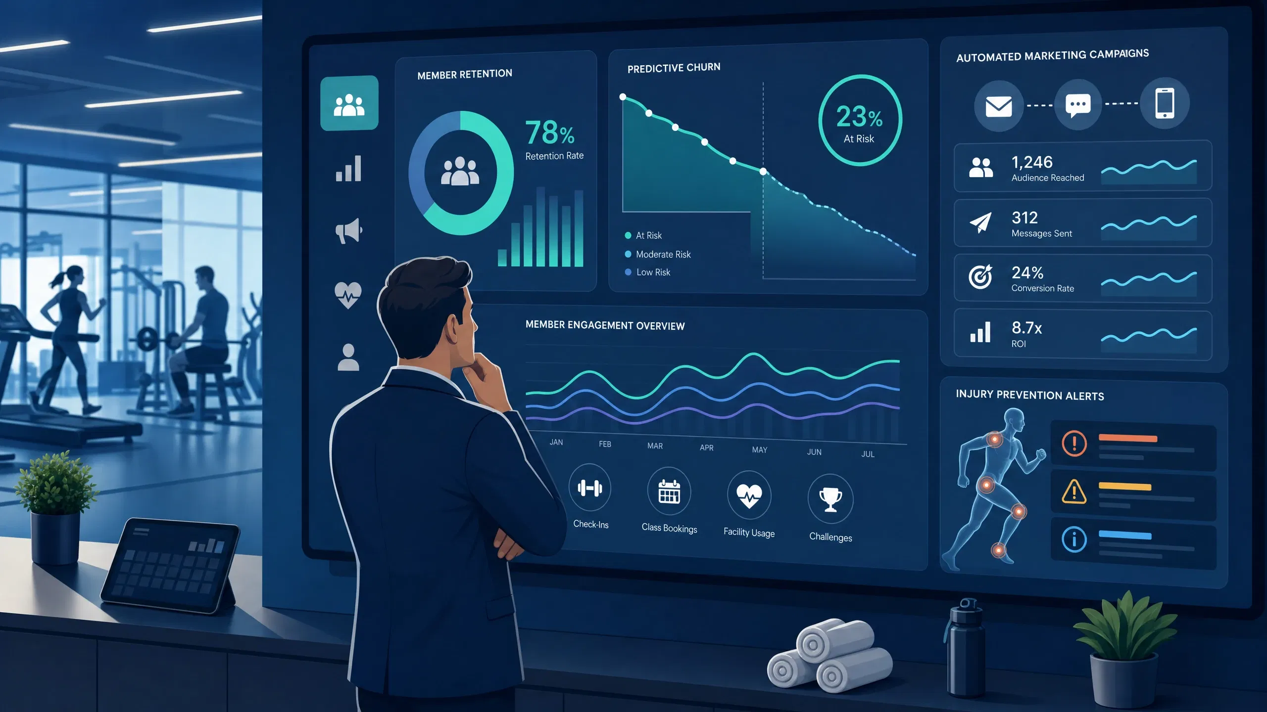 AI sports business management dashboard showing member retention rates, predictive churn analytics, automated marketing campaigns, and injury prevention alerts for gym and sports club operators