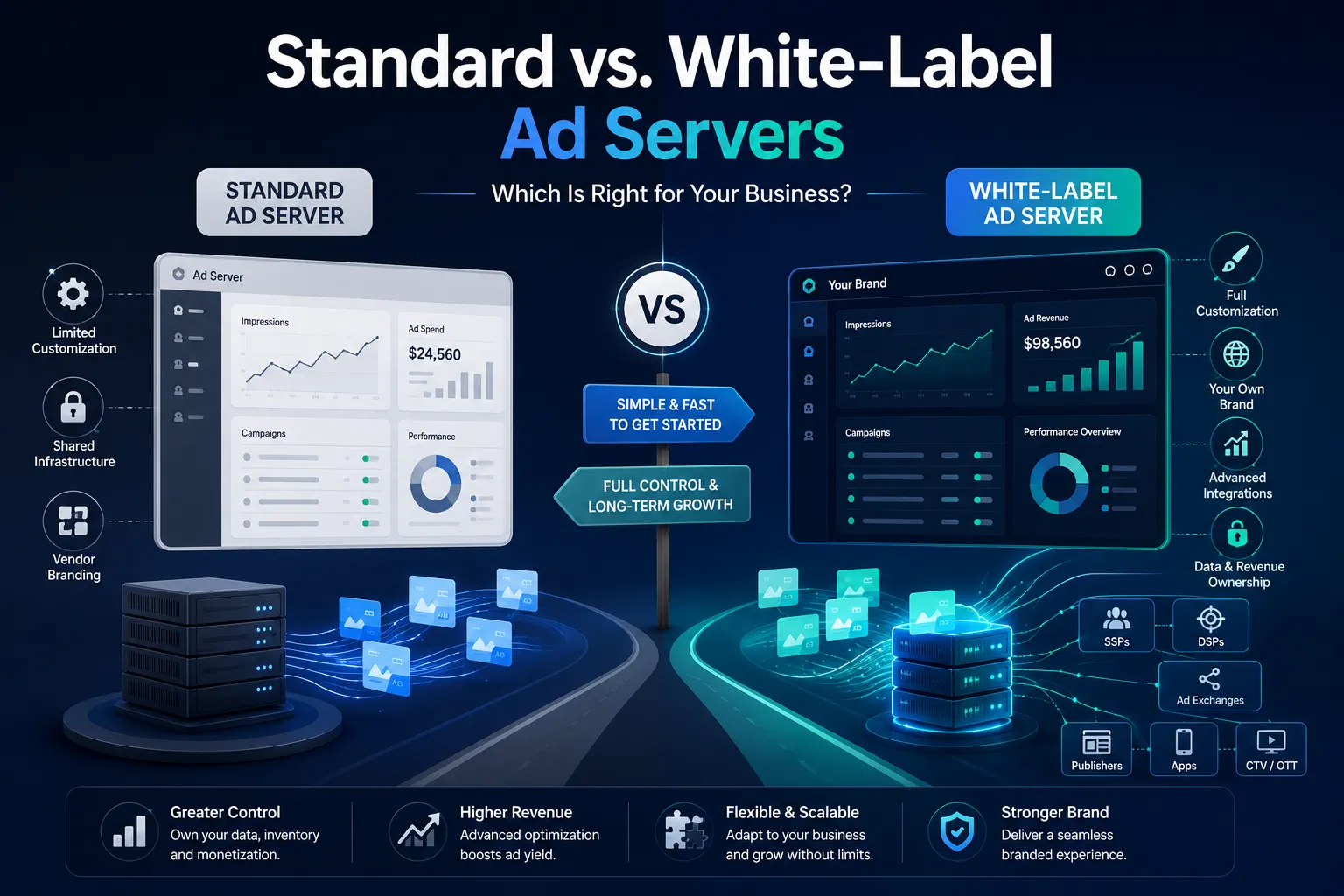 Comparison of standard and white-label ad servers showing differences in customization, scalability, partner integrations, and ad monetization control.